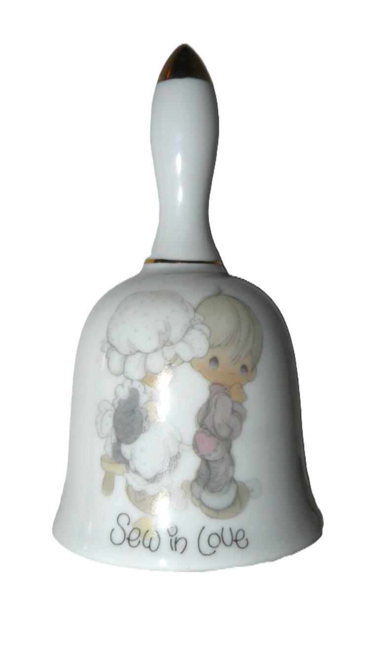 Precious Moments "Sew In Love" Collectible Bell Enesco White Porcelain Gold Trim
